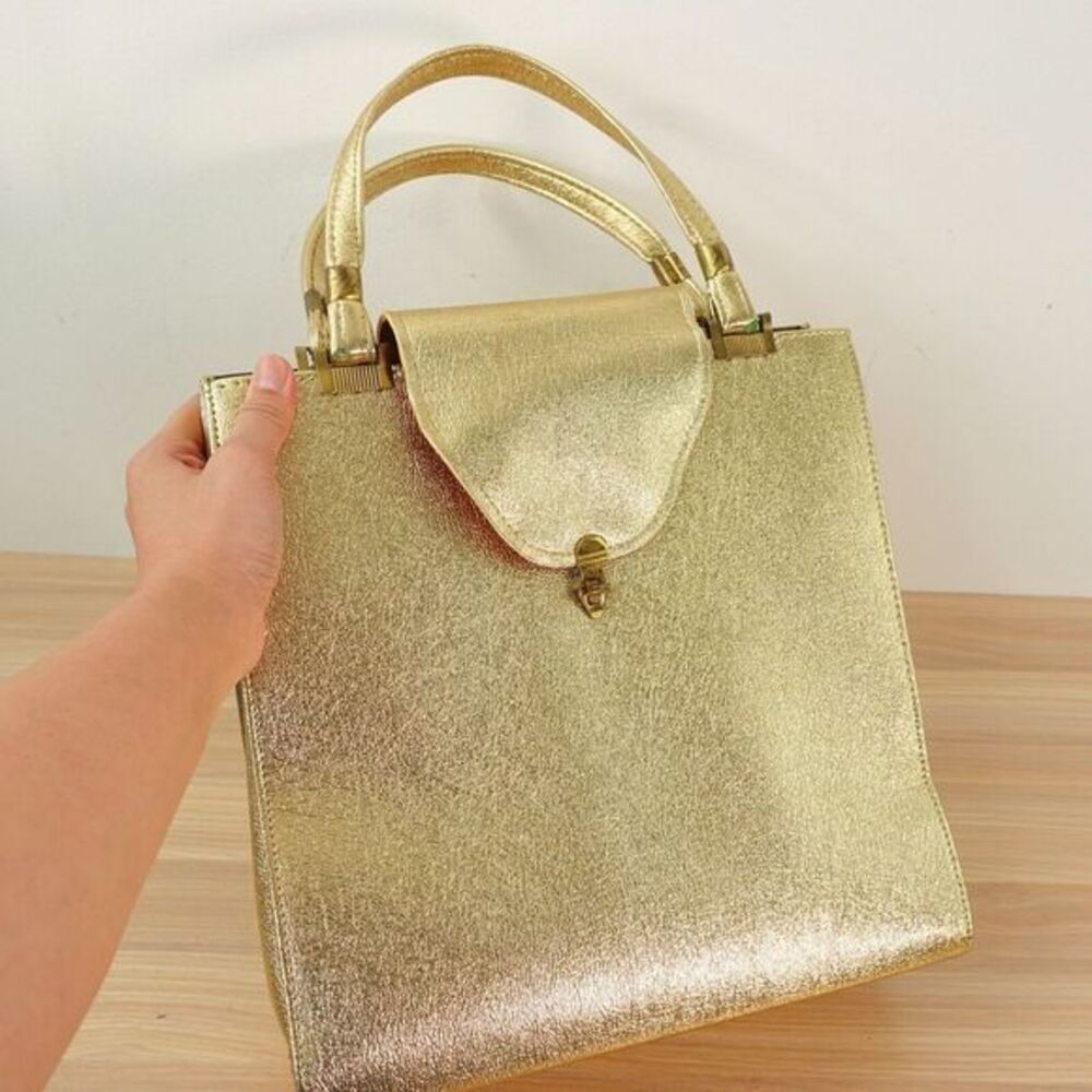 Vintage Top Handle Bag Medium Metallic Gold‎ Solid Tote Evening Formal Party PVC